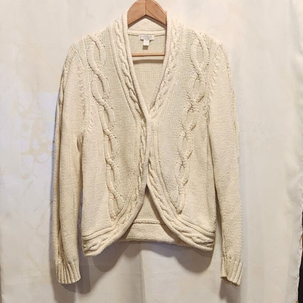 Charter Club Cardigan Sweater Women's P/L Off White Cable‎ Knit Round Hem Button